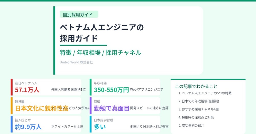 ベトナム人エンジニアの採用ガイド|特徴・年収相場・採用チャネル